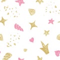 Watercolor seamless pattern with cute cartoon romantic golden unicorn, flowers, diamond, horn. Royalty Free Stock Photo