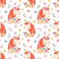 Watercolor seamless pattern with cute cartoon romantic unicorn and flowers. Royalty Free Stock Photo
