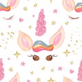 Watercolor seamless pattern with cute cartoon romantic unicorn and flowers. Royalty Free Stock Photo