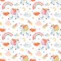 Watercolor seamless pattern with cute cartoon romantic unicorn and flowers. Royalty Free Stock Photo