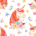 Watercolor seamless pattern with cute cartoon romantic unicorn and flowers.