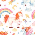 Watercolor seamless pattern with cute cartoon romantic unicorn, rainbow, stars, clouds. Royalty Free Stock Photo