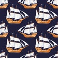 Watercolor seamless pattern with cute cartoon sailing ship.