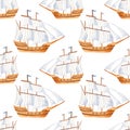 Watercolor seamless pattern with cute cartoon sailing ship.