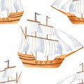 Watercolor seamless pattern with cute cartoon sailing ship.