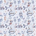 Watercolor seamless pattern with cute cartoon snorkeling, scuba diver kids boy girl submarine, mermaid corals, seahorse fish and Royalty Free Stock Photo