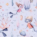 Watercolor seamless pattern with cute cartoon snorkeling, scuba diver kids boy girl submarine, mermaid, corals, seahorse fish and Royalty Free Stock Photo