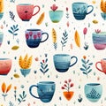 watercolor seamless pattern of cute ceramic cups and plants on a white background