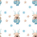 Watercolor seamless pattern with cute characters deer, scarf, stars, and decor.