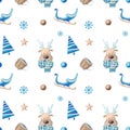 Watercolor seamless pattern with cute characters deer, xmas tree, sledge, ÃÂhristmas toy, cup, scarf and decor.