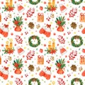Watercolor seamless pattern with cute Christmas hats, gifts, Christmas tree branches and holly branches, cookies, cones. Christmas