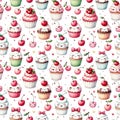 Watercolor seamless pattern with cute cupcakes and cherries isolated on white background Royalty Free Stock Photo