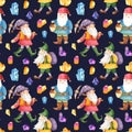 Watercolor seamless pattern with cute dwarves and crystals.