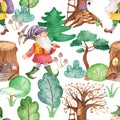 Watercolor seamless pattern with cute dwarves in the fairy forest.