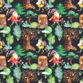 Watercolor seamless pattern with cute dwarves in the fairy forest.