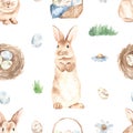 Watercolor seamless pattern with cute easter bunnies basket of eggs nest with eggs grass flowers on a white background