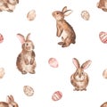 Watercolor seamless pattern with cute easter bunnies, easter eggs. Easter texture