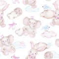 Watercolor seamless pattern with cute elephant bunny Royalty Free Stock Photo