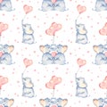 Watercolor seamless pattern with cute elephants and hearts