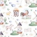 Watercolor seamless pattern with cute farm animals with goat, horse, goose and cow. chicken, sheep and pig domestic Royalty Free Stock Photo