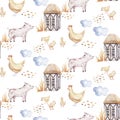 Watercolor seamless pattern with cute farm animals with goat, horse, goose and cow. chicken, sheep and pig domestic Royalty Free Stock Photo