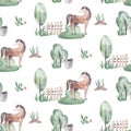 Watercolor seamless pattern with cute farm animals with goat, horse, goose and cow. chicken, sheep and pig domestic Royalty Free Stock Photo