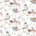 Watercolor seamless pattern with cute farm animals with goat, horse, goose and cow. chicken, sheep and pig domestic Royalty Free Stock Photo