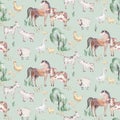 Watercolor seamless pattern with cute farm animals with goat, horse, goose and cow. chicken, sheep and pig domestic animal Royalty Free Stock Photo