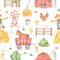 Watercolor seamless pattern with cute farm, tractor, hay, wind pump