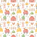 Watercolor seamless pattern with cute farm, scarecrow, hay, wind pump on a white background