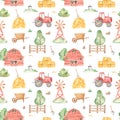 Watercolor seamless pattern with cute farm, tractor, hay, wind pump on a white background