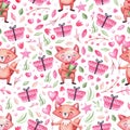 Watercolor seamless pattern with cute festive foxes, gifts, leaves, flowers and balloons. Background for holidays.