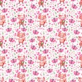 Watercolor seamless pattern with cute festive foxes, gifts, leaves, flowers and balloons. Background for holidays. Royalty Free Stock Photo