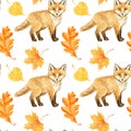 Watercolor seamless pattern with cute fox animal and tree autumn leaves on white background. Cartoon style Royalty Free Stock Photo