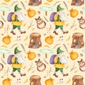 Watercolor seamless pattern with cute gnome with bag, branches, owl, pointer, stump.