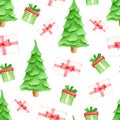 Watercolor seamless pattern with cute green Christmas trees and gift boxes with red ribbon bows. Hand drawn evergreen Royalty Free Stock Photo