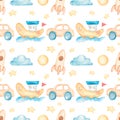 Watercolor seamless pattern with cute kids toys. Baby boy repeat paper. Hand drawn children car and ship, space rocket pattern Royalty Free Stock Photo