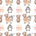 Watercolor seamless pattern with cute kids toys. Bear and penguin repeat paper. Hand drawn children pattern with animals Royalty Free Stock Photo