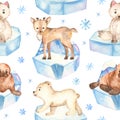 Watercolor seamless pattern cute little arctic animals on ice floes Royalty Free Stock Photo