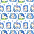 Watercolor seamless pattern with cute little arctic animals and northern lights Royalty Free Stock Photo