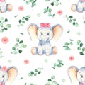 Watercolor seamless pattern with cute little baby girl elephant Royalty Free Stock Photo