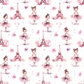 Watercolor seamless pattern with cute little girls ballerinas, Eiffel Tower, flowers and stars isolated on white background Royalty Free Stock Photo