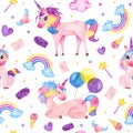 Watercolor seamless pattern with cute magic unicorn, ice-cream, magic wand, clouds isolated Royalty Free Stock Photo