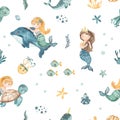 Watercolor seamless pattern with a cute mermaid girl on a dolphin, sea turtle, shell, fish, octopus, starfish, algae, corals,