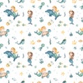 Watercolor seamless pattern with a cute mermaid girl on a dolphin, sea turtle, shell, fish, octopus, starfish, algae, corals,