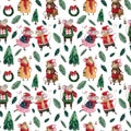 Watercolor seamless pattern with cute mice in sweaters and New Year hats Royalty Free Stock Photo