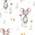 Watercolor seamless pattern with cute mouse and flowers isolated on white Royalty Free Stock Photo