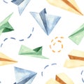 Watercolor seamless pattern with cute paper airplanes.