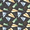 Watercolor seamless pattern with cute paper airplanes.