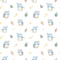 Watercolor Seamless Pattern with cute Penguin, stars, ships and rockets. Space Background for Kids. Galaxy design